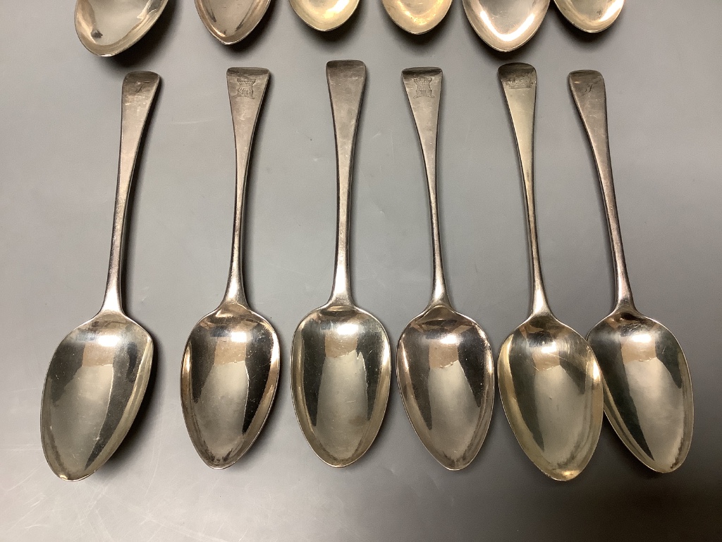 Twelve assorted George III silver Old English pattern tablespoons, including a set of five by Peter & Ann Bateman, London, 1796